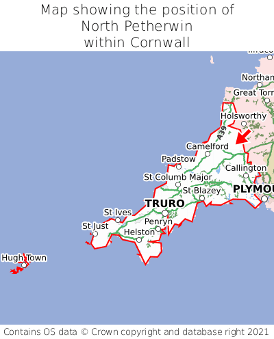 Map showing location of North Petherwin within Cornwall