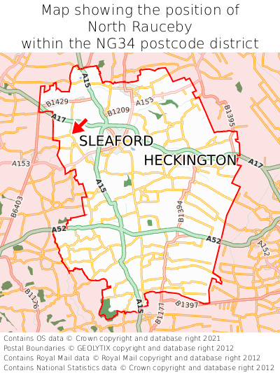 Map showing location of North Rauceby within NG34