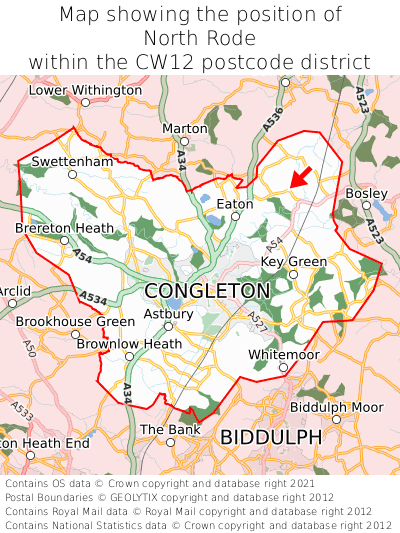 Map showing location of North Rode within CW12