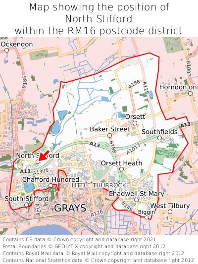 Map showing location of North Stifford within RM16