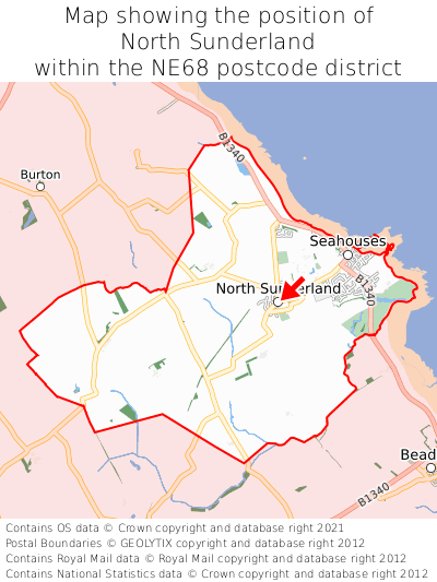 Map showing location of North Sunderland within NE68