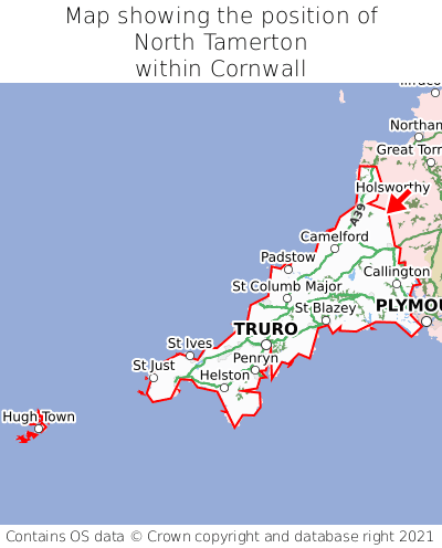 Map showing location of North Tamerton within Cornwall