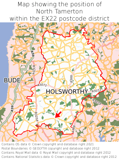 Map showing location of North Tamerton within EX22