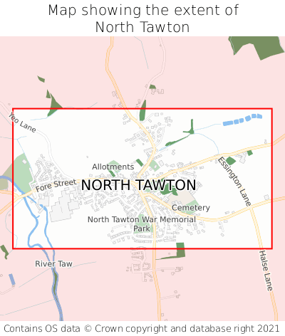 Map showing extent of North Tawton as bounding box