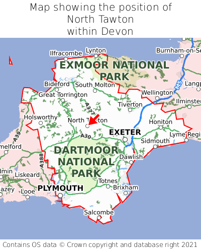Map showing location of North Tawton within Devon
