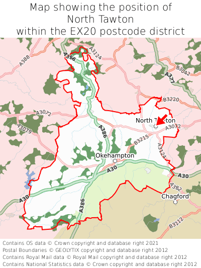 Map showing location of North Tawton within EX20