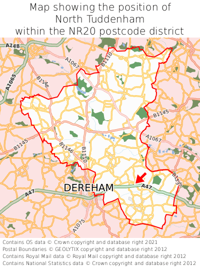 Map showing location of North Tuddenham within NR20