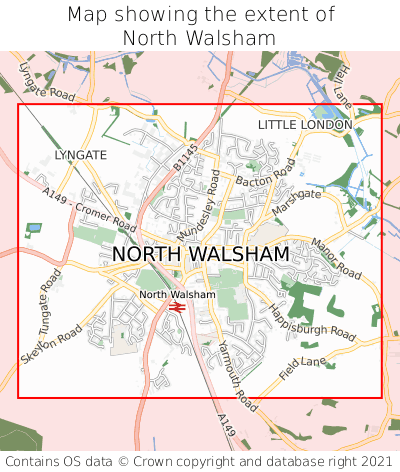 Map showing extent of North Walsham as bounding box