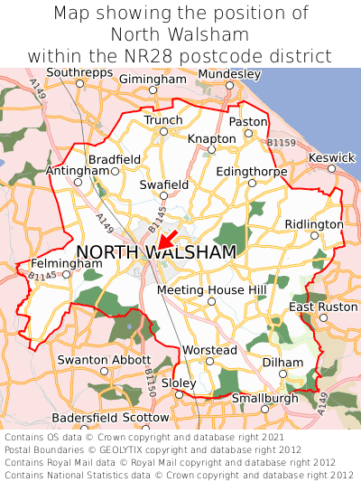 Map showing location of North Walsham within NR28