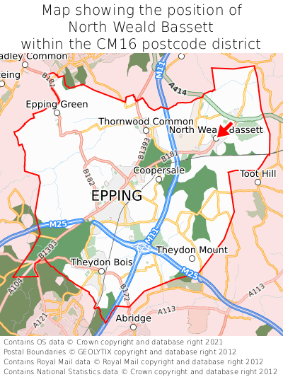 Map showing location of North Weald Bassett within CM16
