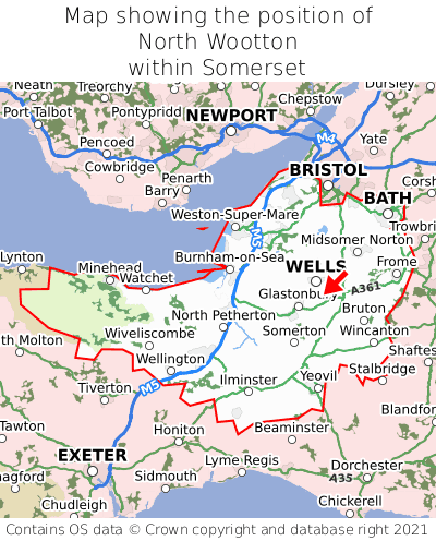 Map showing location of North Wootton within Somerset