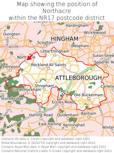 Map showing location of Northacre within NR17