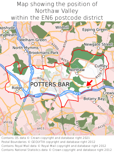 Map showing location of Northaw Valley within EN6