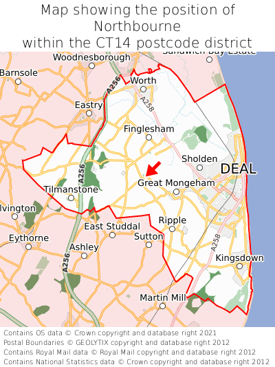 Map showing location of Northbourne within CT14