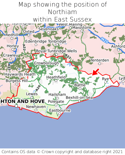 Map showing location of Northiam within East Sussex