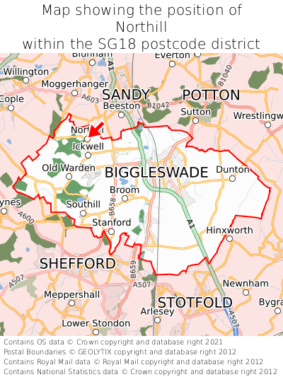 Map showing location of Northill within SG18