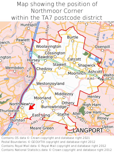 Map showing location of Northmoor Corner within TA7