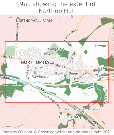 Map showing extent of Northop Hall as bounding box