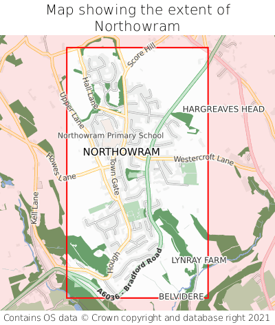 Map showing extent of Northowram as bounding box