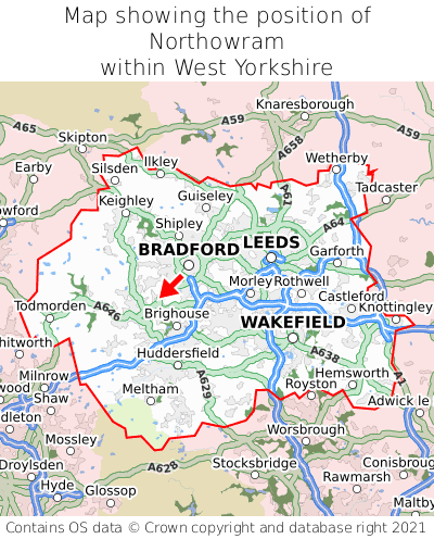Map showing location of Northowram within West Yorkshire