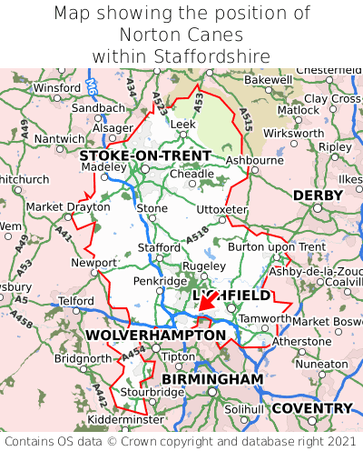 Map showing location of Norton Canes within Staffordshire