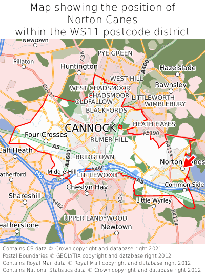 Map showing location of Norton Canes within WS11