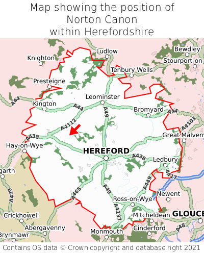 Map showing location of Norton Canon within Herefordshire