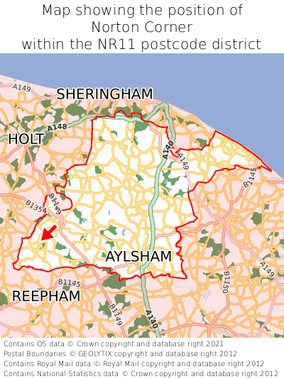 Map showing location of Norton Corner within NR11