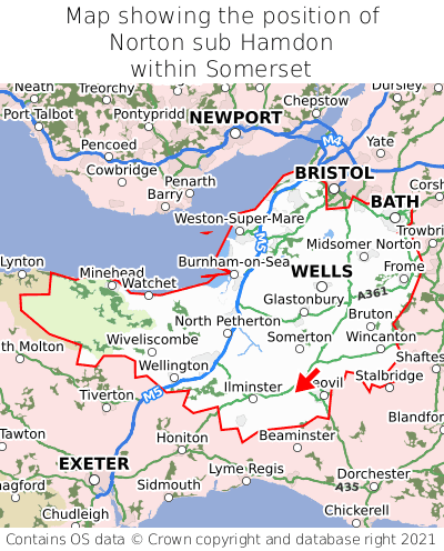 Map showing location of Norton sub Hamdon within Somerset