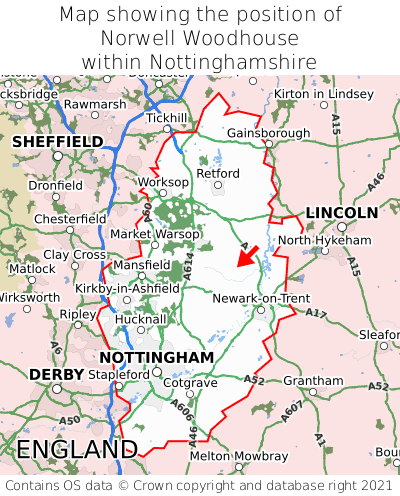 Map showing location of Norwell Woodhouse within Nottinghamshire