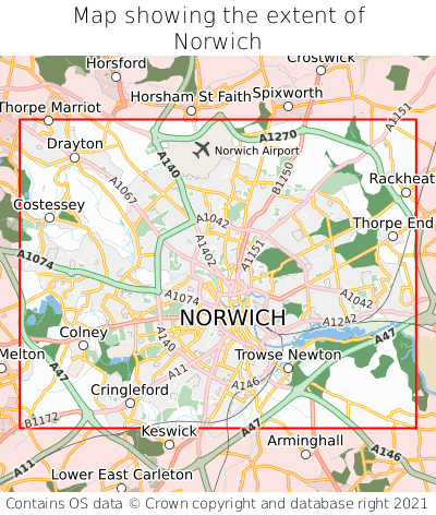 Map showing extent of Norwich as bounding box