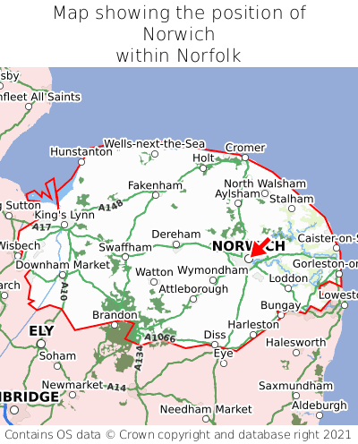 Map showing location of Norwich within Norfolk