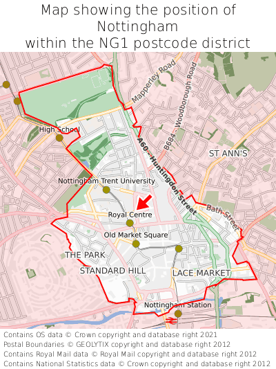 Map showing location of Nottingham within NG1