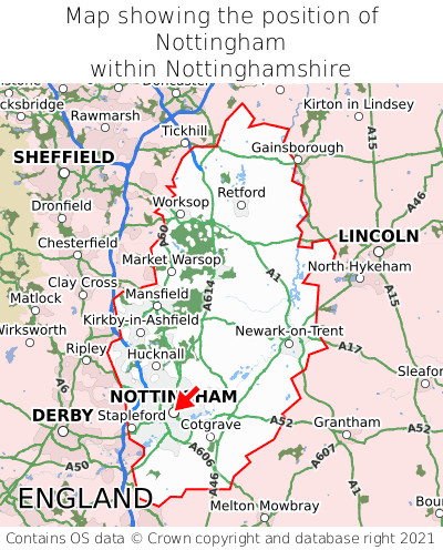 Map showing location of Nottingham within Nottinghamshire