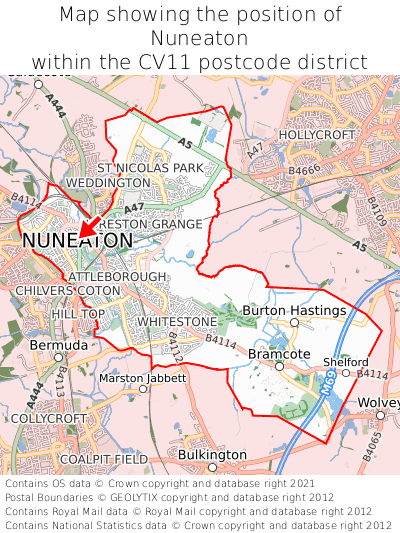 Map showing location of Nuneaton within CV11