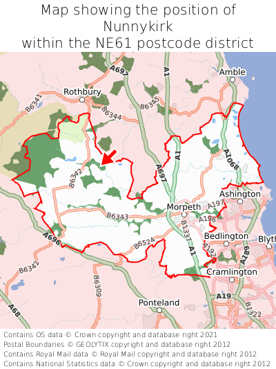 Map showing location of Nunnykirk within NE61
