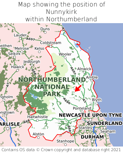 Map showing location of Nunnykirk within Northumberland