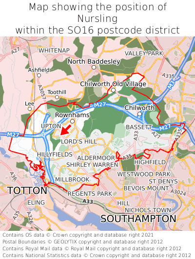 Map showing location of Nursling within SO16