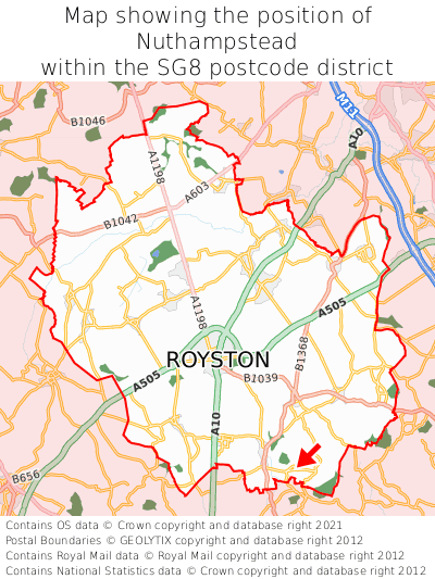 Map showing location of Nuthampstead within SG8