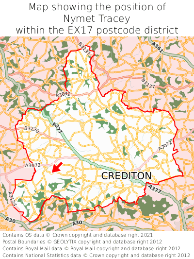 Map showing location of Nymet Tracey within EX17