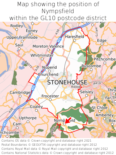 Map showing location of Nympsfield within GL10