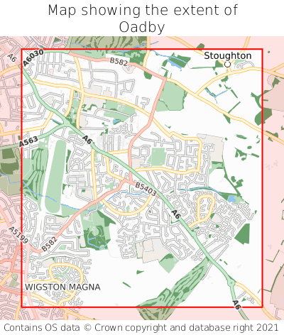 Map showing extent of Oadby as bounding box