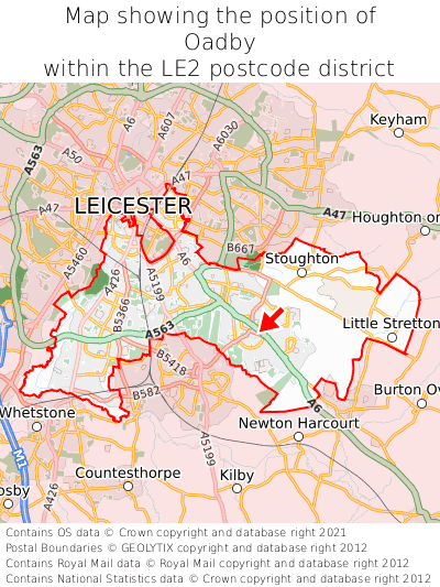 Map showing location of Oadby within LE2