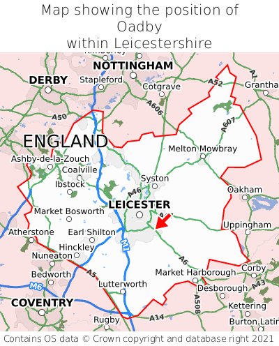 Map showing location of Oadby within Leicestershire