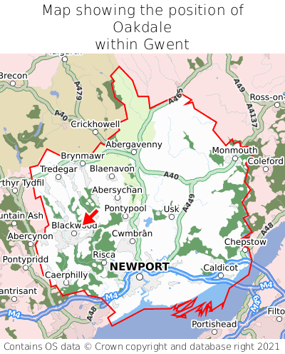 Map showing location of Oakdale within Gwent