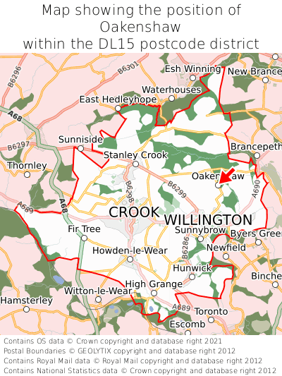 Map showing location of Oakenshaw within DL15