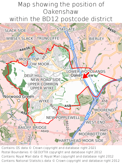 Map showing location of Oakenshaw within BD12