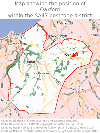 Map showing location of Oakford within SA47