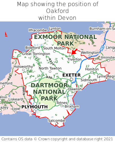 Map showing location of Oakford within Devon