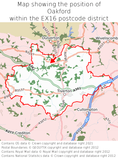 Map showing location of Oakford within EX16